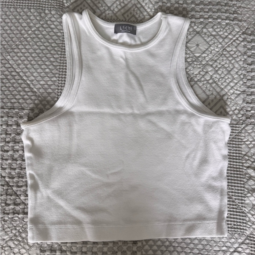 Lichi White Ribbed Crop Tank Top
